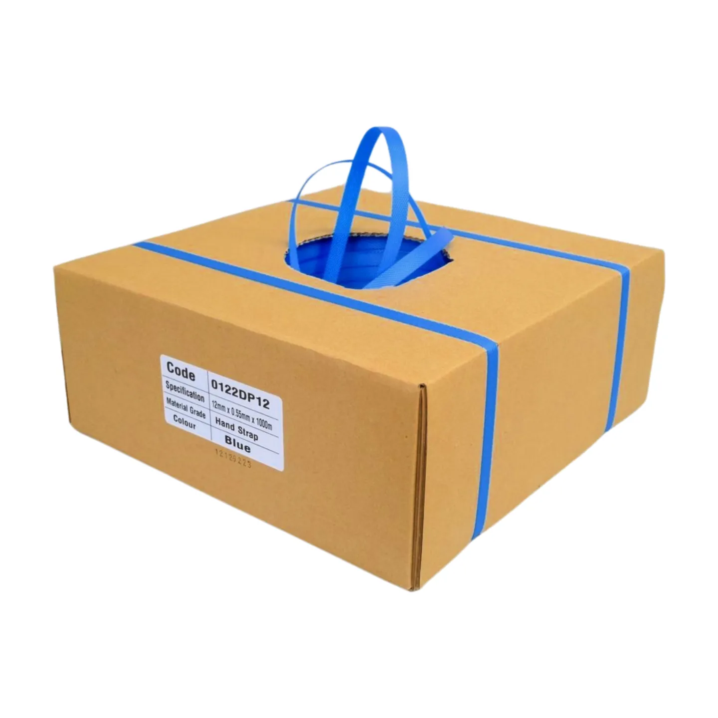 12MM x 1000M BLUE PLASTIC HAND STRAPPING - ROLL IN DISP BOX