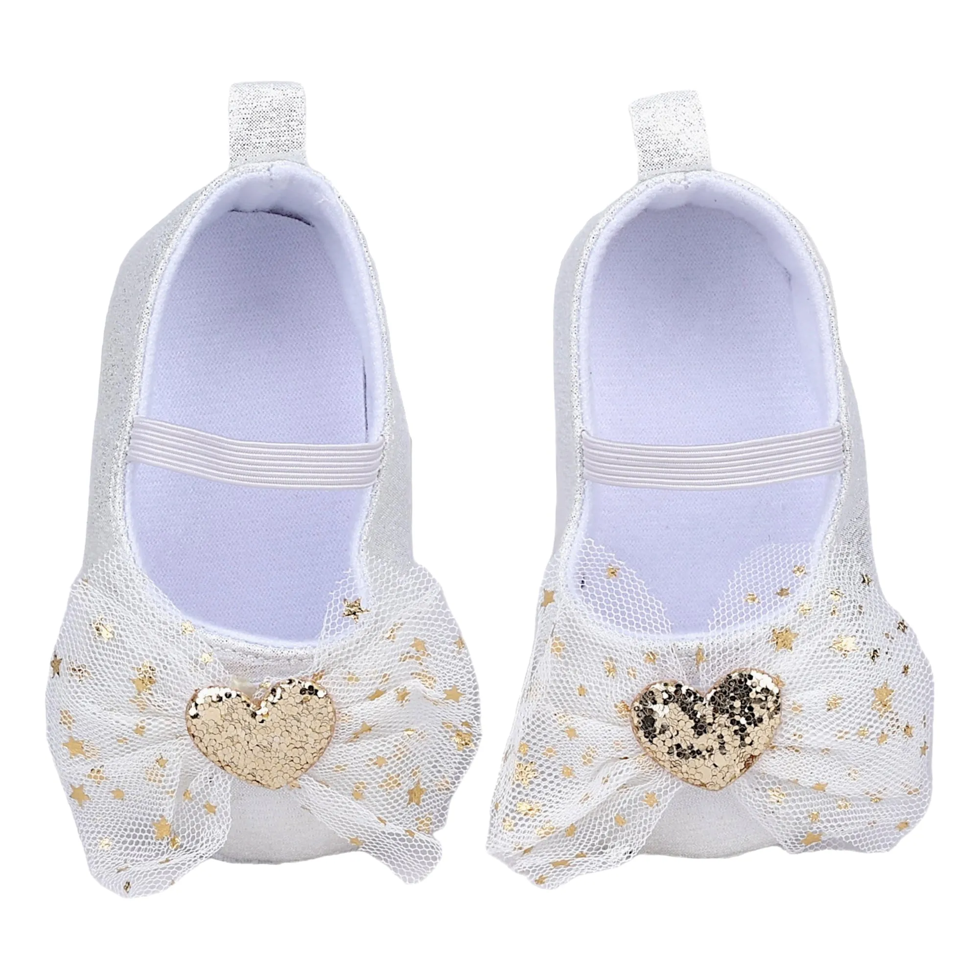 Baby Moo Embellished Bow Glittery Heart Anti-Skid Ballerina Booties - White