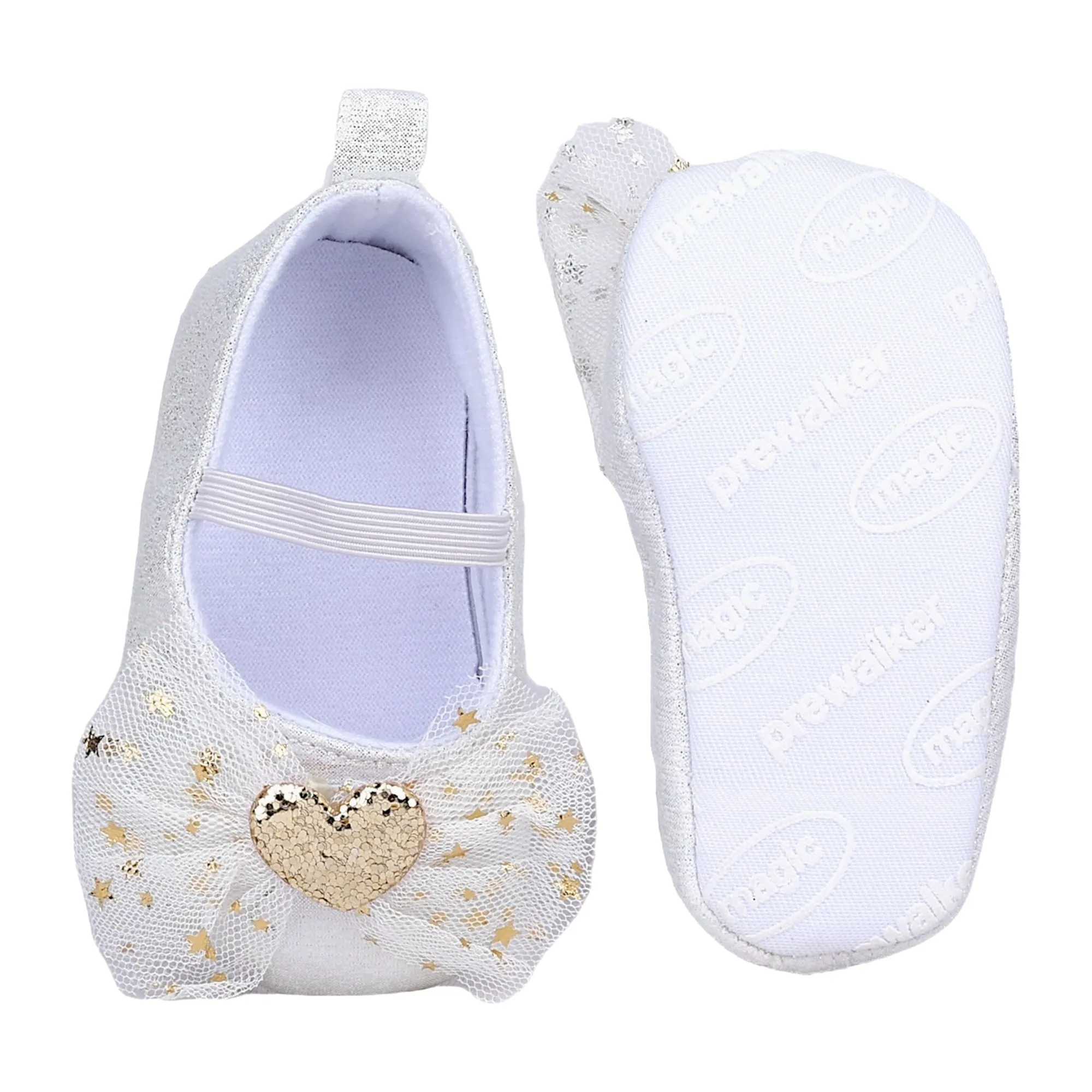 Baby Moo Embellished Bow Glittery Heart Anti-Skid Ballerina Booties - White