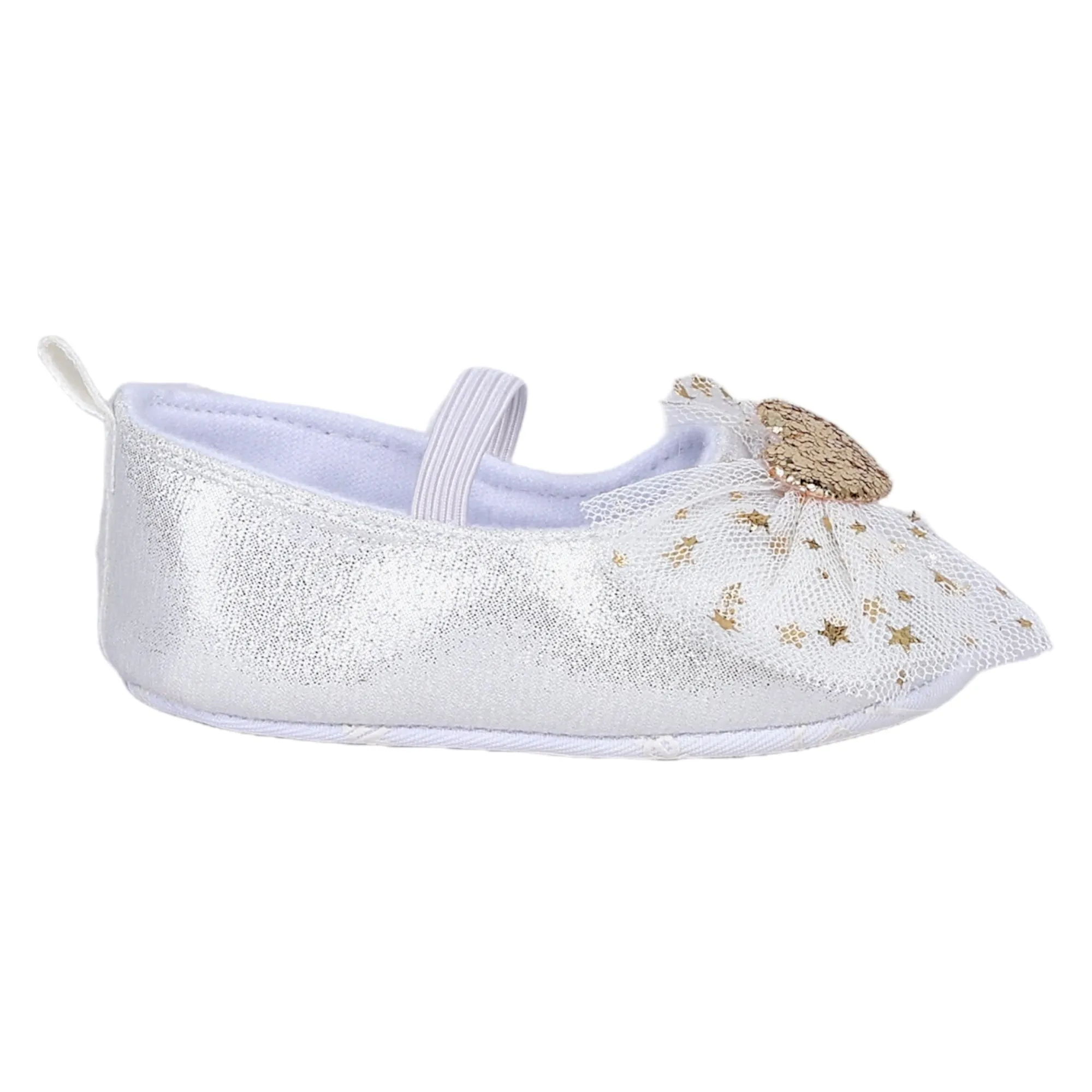 Baby Moo Embellished Bow Glittery Heart Anti-Skid Ballerina Booties - White