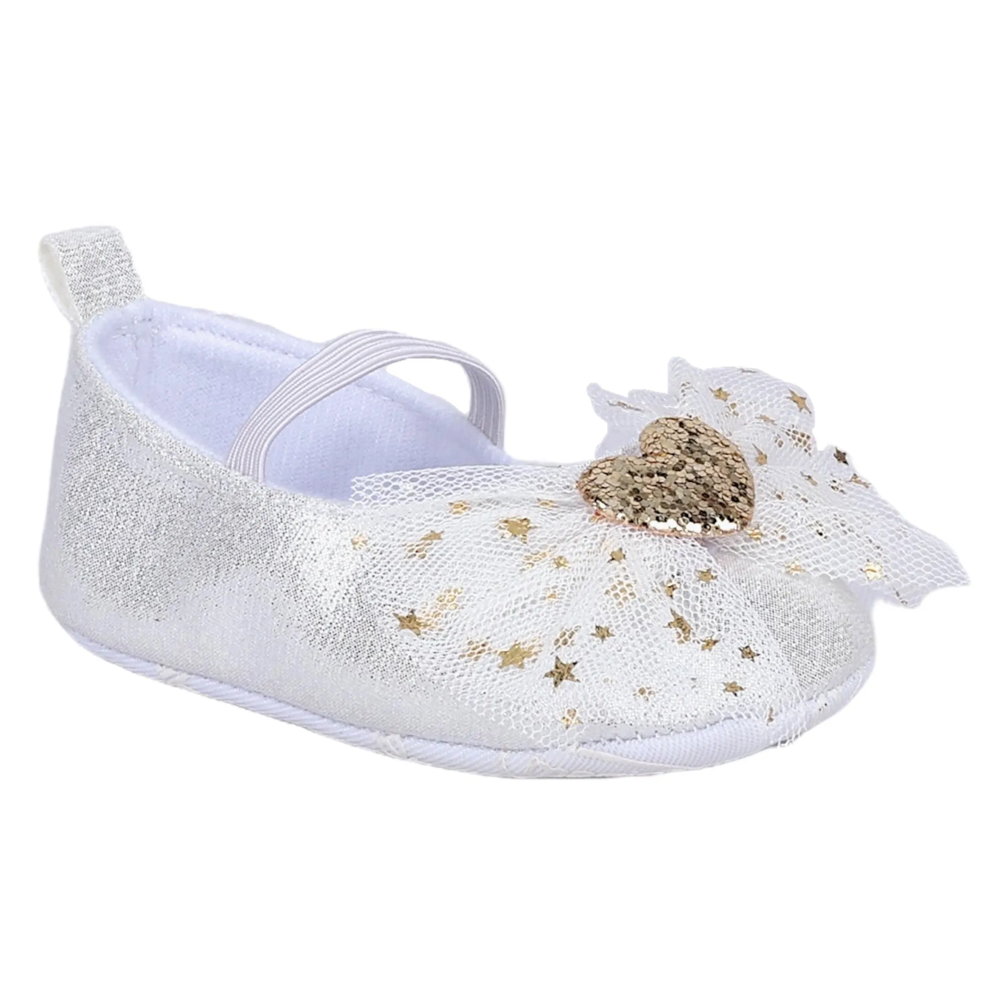 Baby Moo Embellished Bow Glittery Heart Anti-Skid Ballerina Booties - White