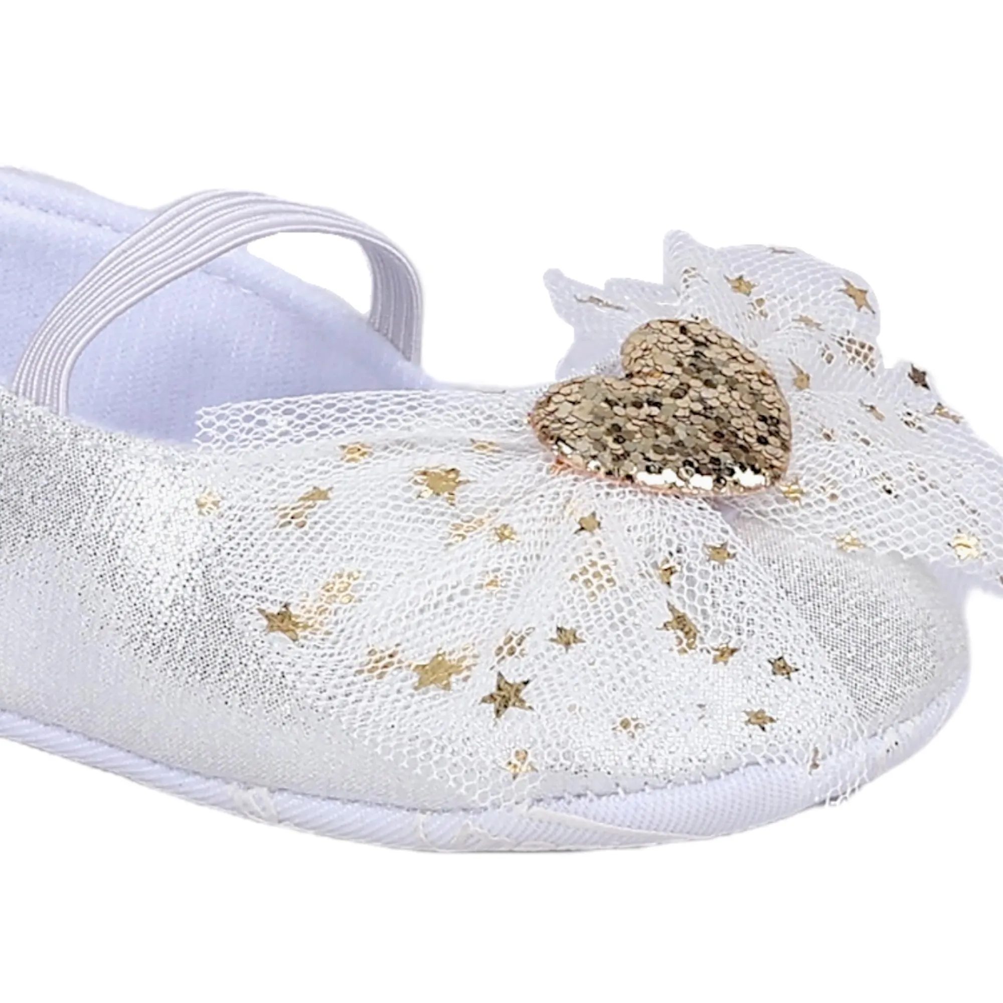 Baby Moo Embellished Bow Glittery Heart Anti-Skid Ballerina Booties - White