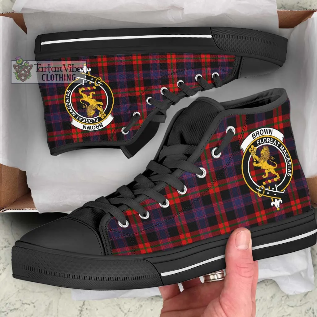 Brown (Broun) Tartan High Top Shoes with Family Crest