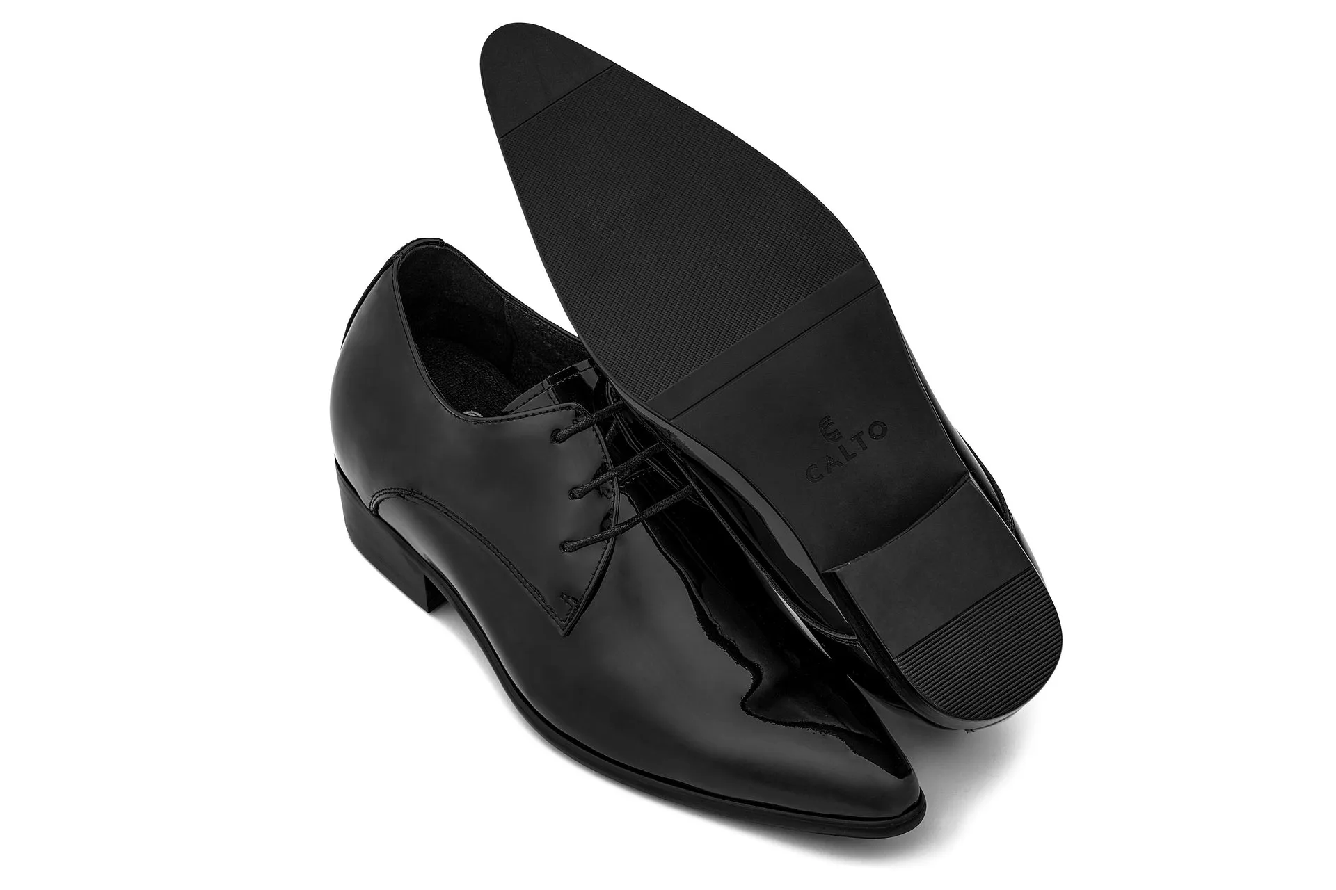 CALTO - K2726 - 2.8 Inches Taller (Jet Black) - Patent Leather Sharp Toe Dress Derbies - Lightweight