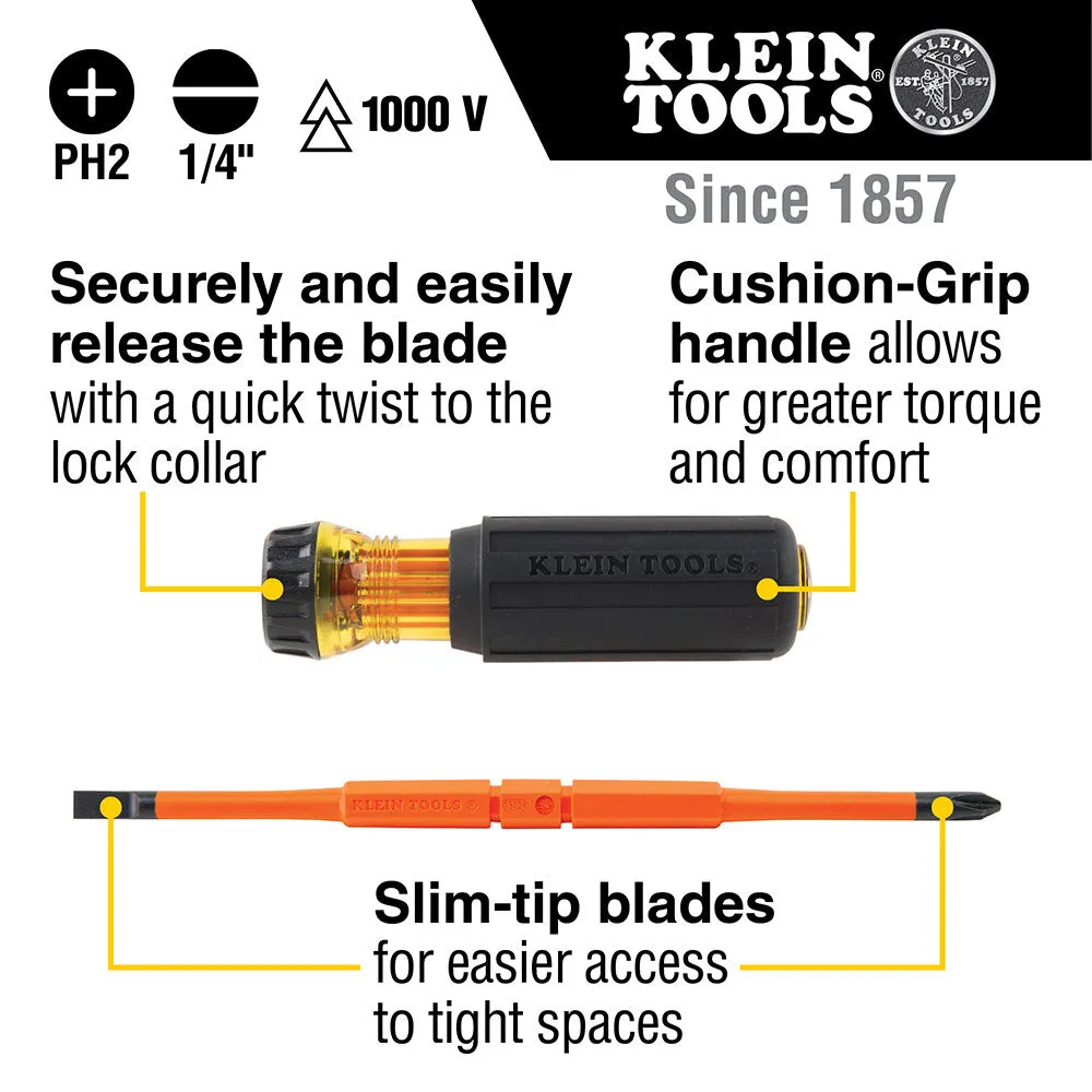 Klein 32293 2-in-1 Insulated Flip-Blade Screwdriver, #2 Ph, 1/4" Sl