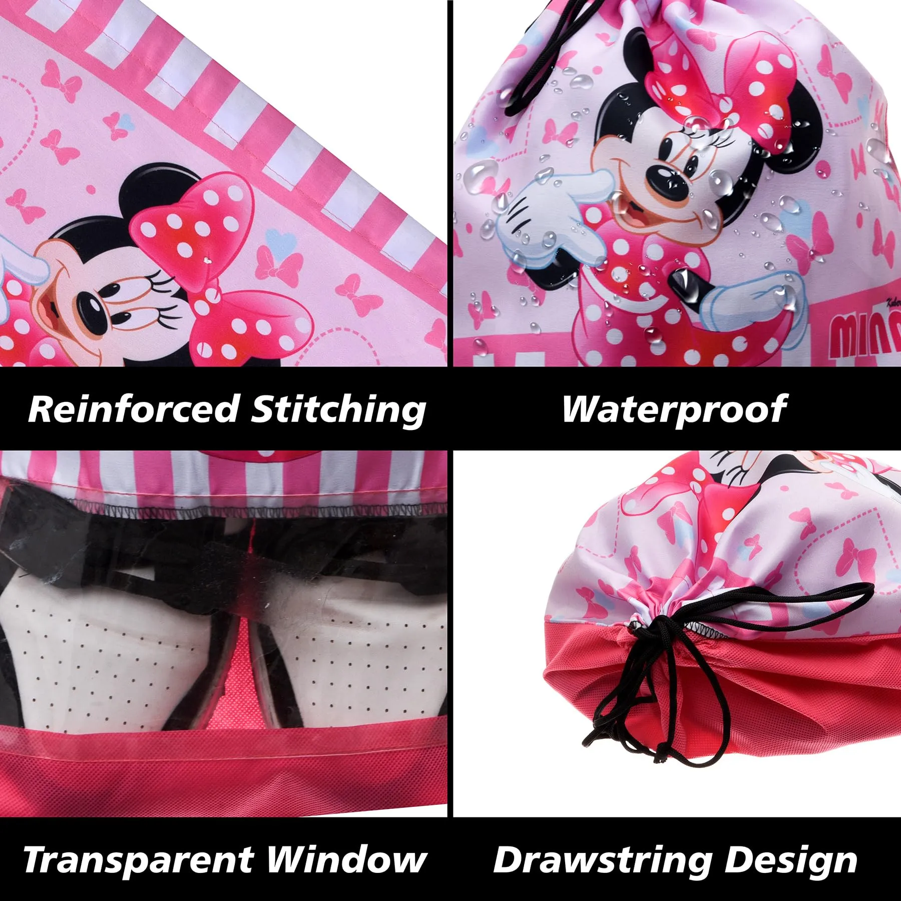 Kuber Industries Disney Minnie Shoe Cover | Travel Shoe Storage Bags | Polyester Storage Bag | Drawstring Shoe Cover | Shoe Organizer with Clear Window | Pack of 6 | Pink