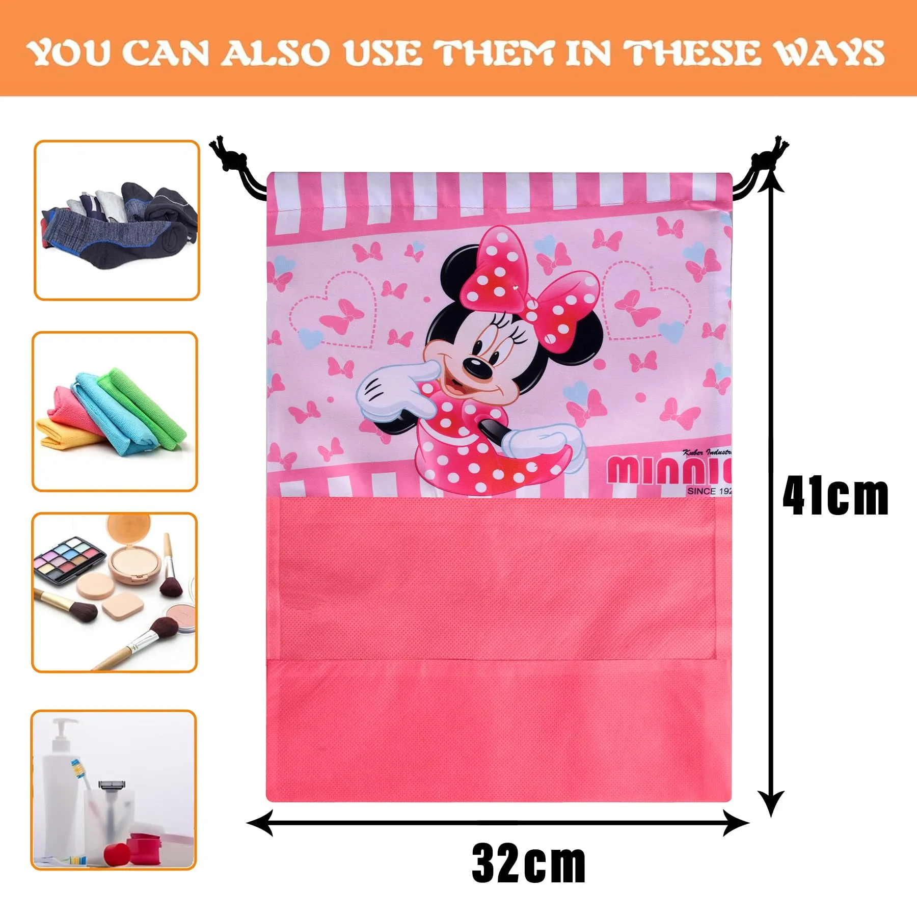 Kuber Industries Disney Minnie Shoe Cover | Travel Shoe Storage Bags | Polyester Storage Bag | Drawstring Shoe Cover | Shoe Organizer with Clear Window | Pack of 6 | Pink