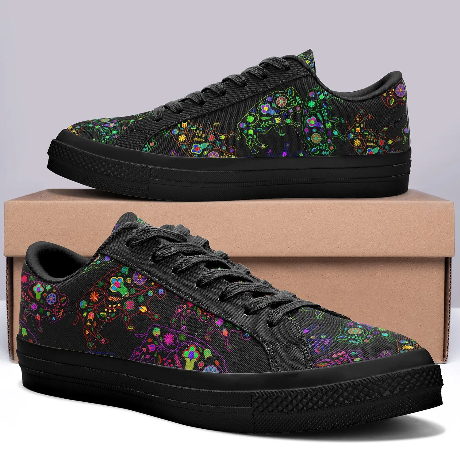 Neon Floral Buffalos Aapisi Low Top Canvas Shoes Black Sole