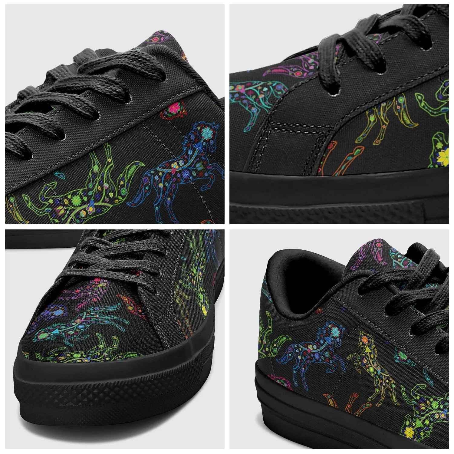 Neon Floral Horses Aapisi Low Top Canvas Shoes Black Sole