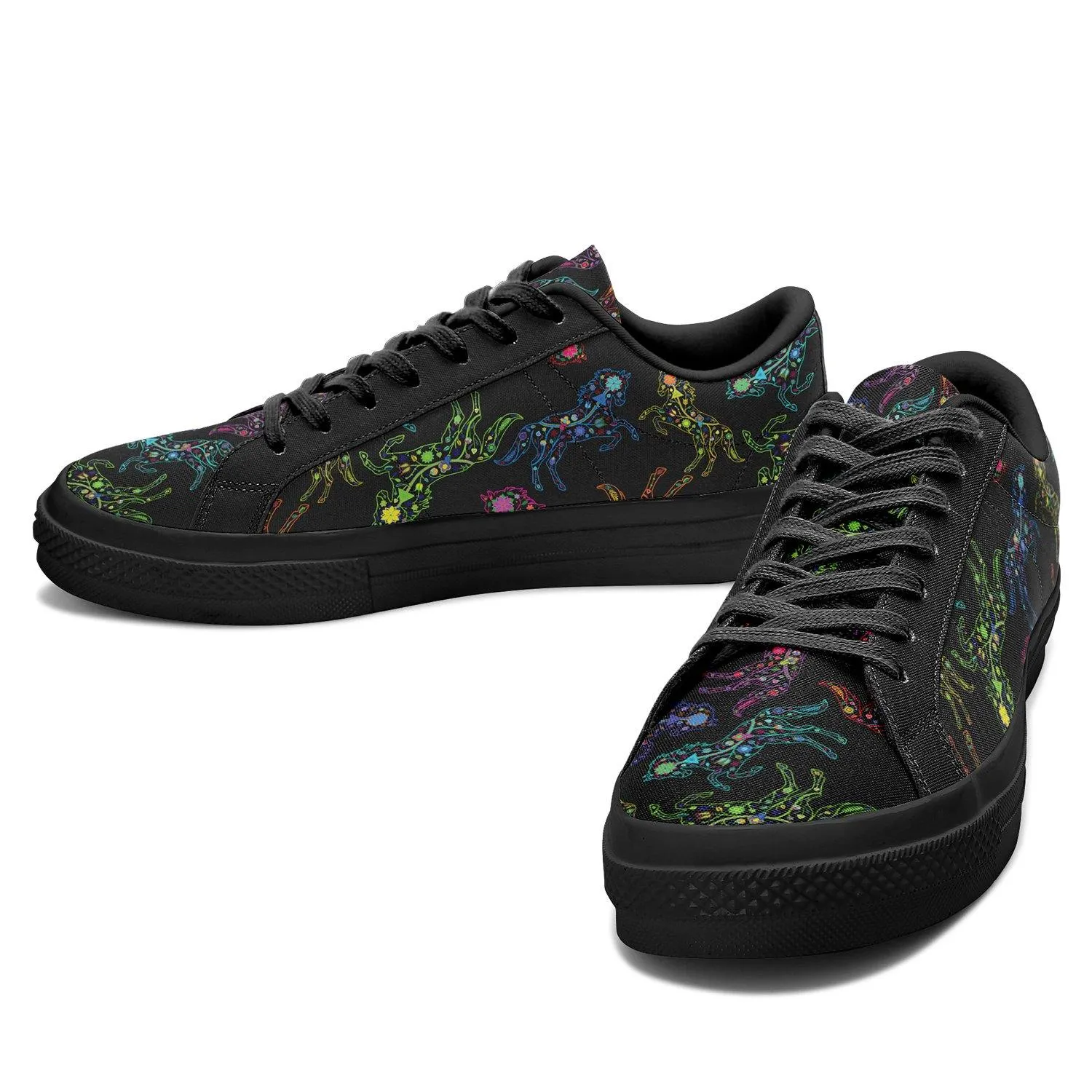 Neon Floral Horses Aapisi Low Top Canvas Shoes Black Sole