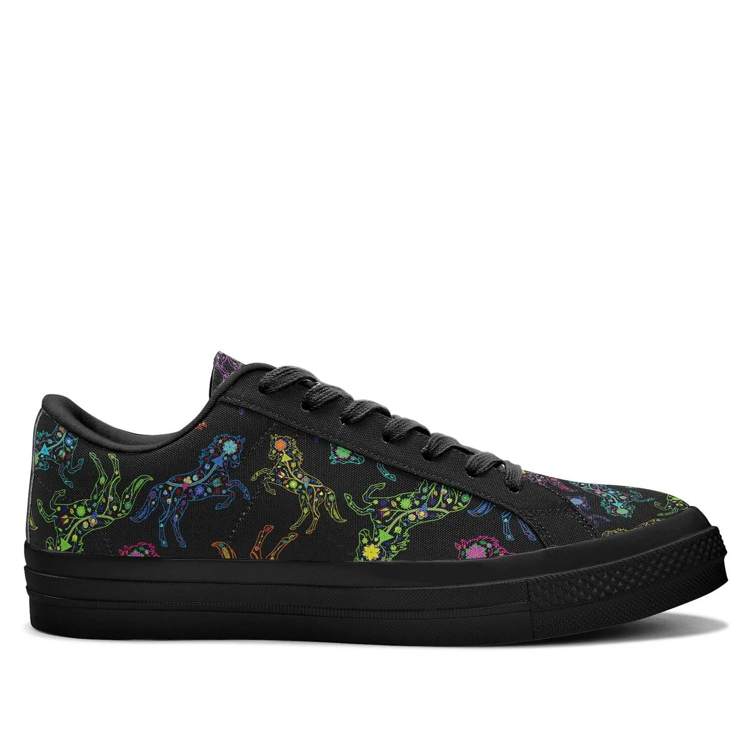 Neon Floral Horses Aapisi Low Top Canvas Shoes Black Sole