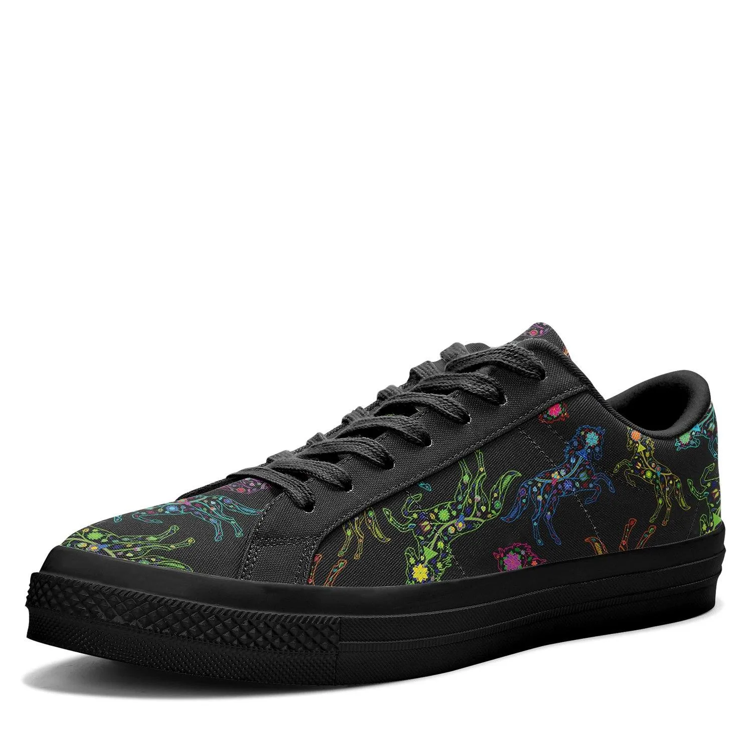 Neon Floral Horses Aapisi Low Top Canvas Shoes Black Sole