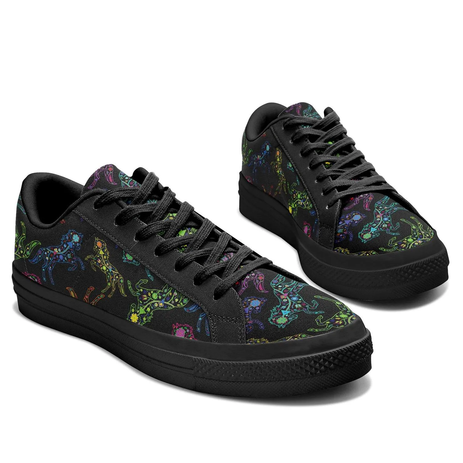 Neon Floral Horses Aapisi Low Top Canvas Shoes Black Sole