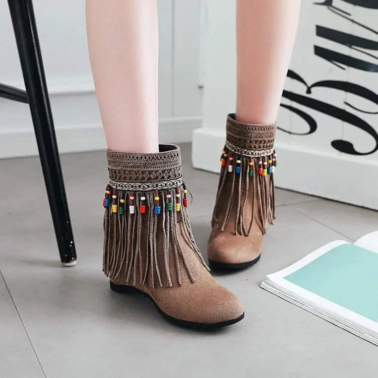 Tassel Beaded Roman Folk Style Hidden Heel Plus Size Short Boots