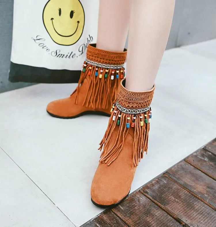 Tassel Beaded Roman Folk Style Hidden Heel Plus Size Short Boots