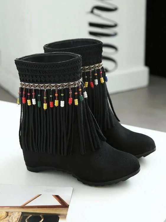 Tassel Beaded Roman Folk Style Hidden Heel Plus Size Short Boots