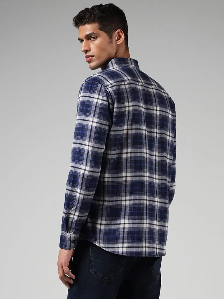 WES Casuals Dark Blue Checked Cotton Slim-Fit Shirt